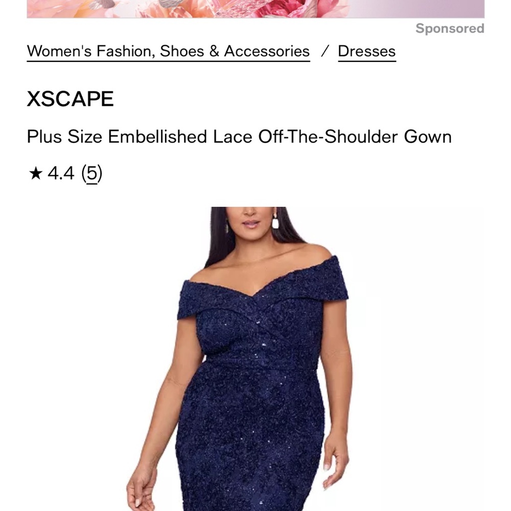 XSCAPE Navy Blue Embellished Lace Off-The-Shoulder Gown